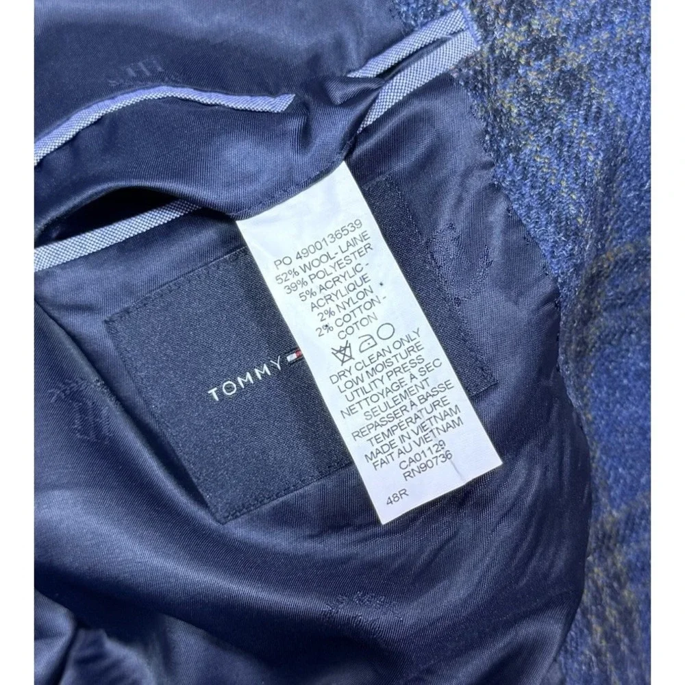 Tommy Hilfiger Blazer Mens 48R Blue Windowpane Plaid Wool Blend Sport Coat Dad